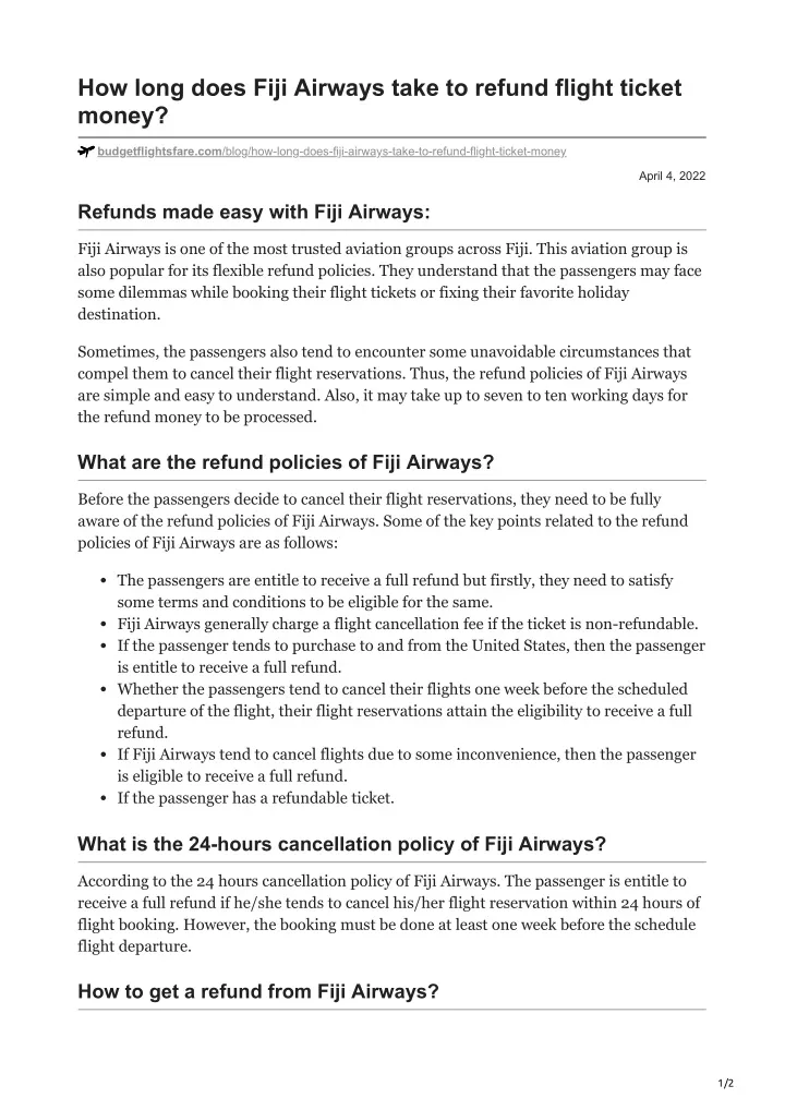 how long does fiji airways take to refund flight