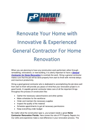 Renovate Your Home with Innovative & Experienced General Contractor For Home Renovation at FP Property Repairs Inc