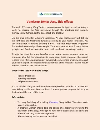 vomistop 10mg uses side effects