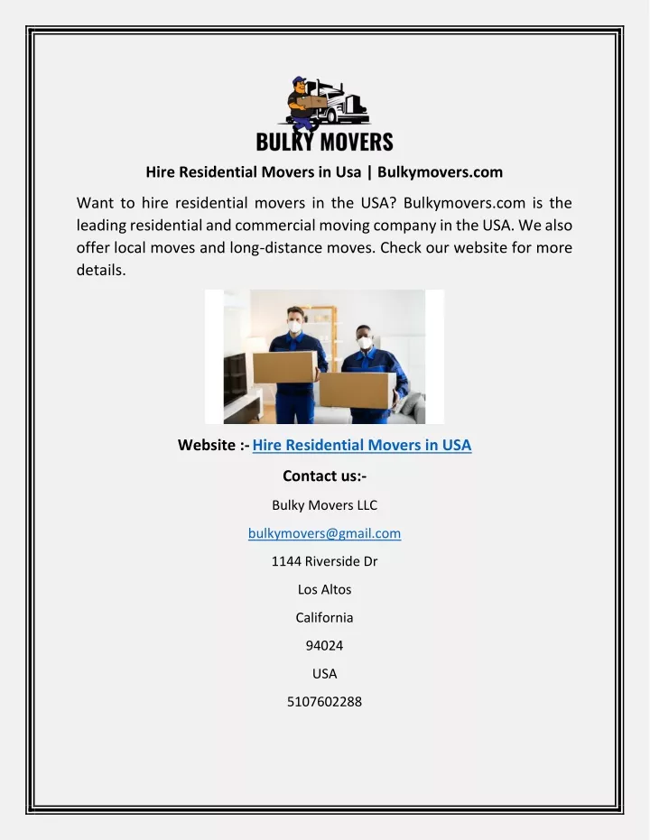 hire residential movers in usa bulkymovers com