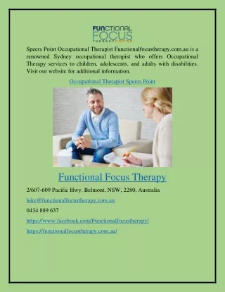 Occupational Therapist Speers Point Functionalfocustherapy.com.au
