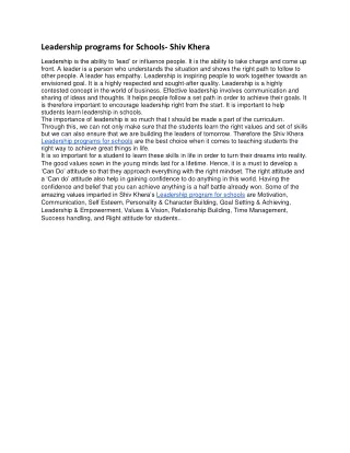 leadership programs for schools shiv khera
