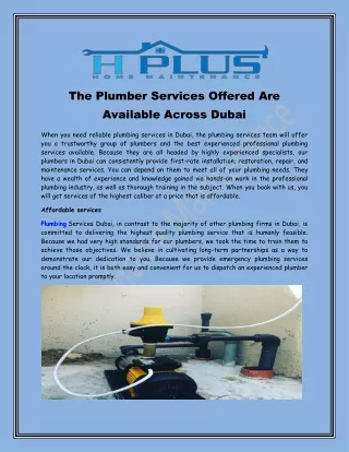 The Plumber Services Offered Are Available Across Dubai