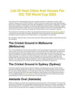 List Of Host Cities And Venues For ICC T20 World Cup 2022