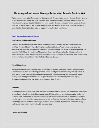 Choosing a Great Water Damage Restoration Team in Renton, WA