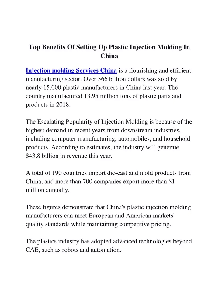 top benefits of setting up plastic injection