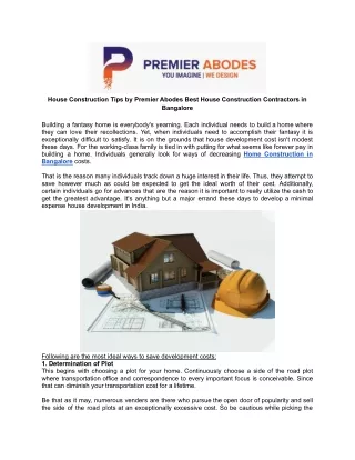 House Construction Tips by Premier Abodes House Construction Contractors in Bangalore