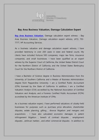 Bay Area Business Valuation, Damage Calculation Expert