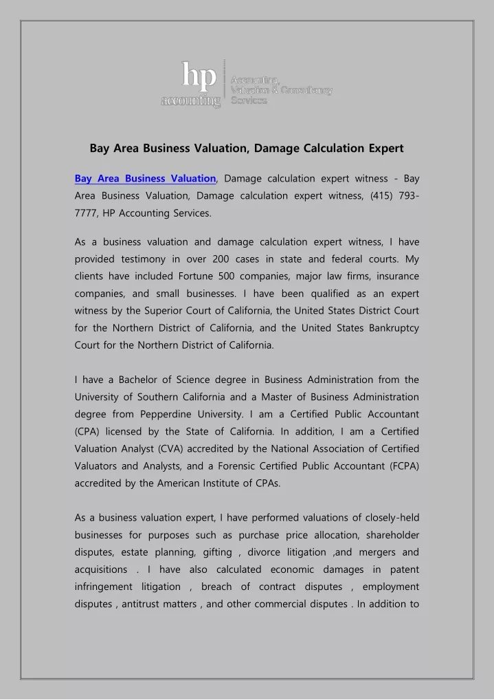 bay area business valuation damage calculation