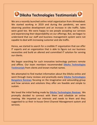 Diksha Technologies Testimonials