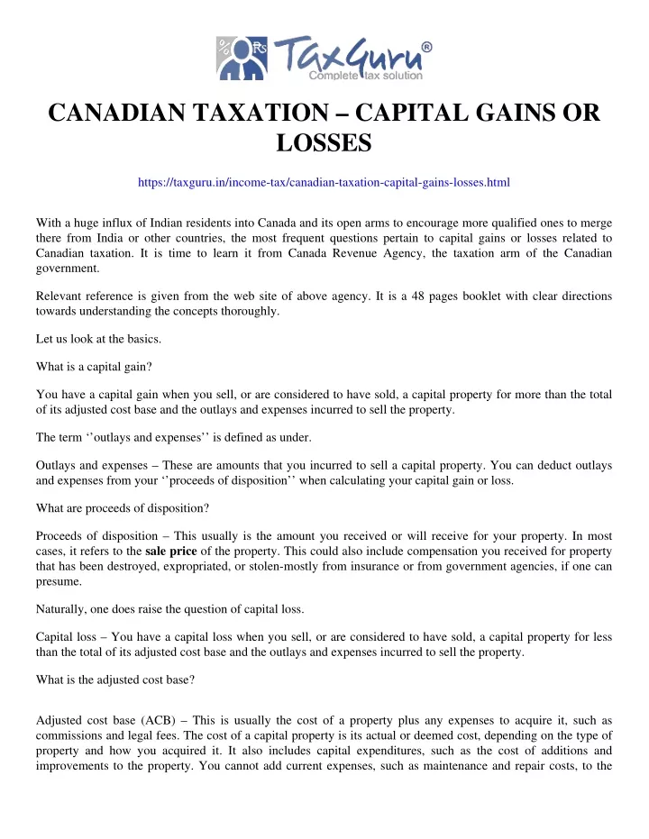 canadian taxation capital gains or losses