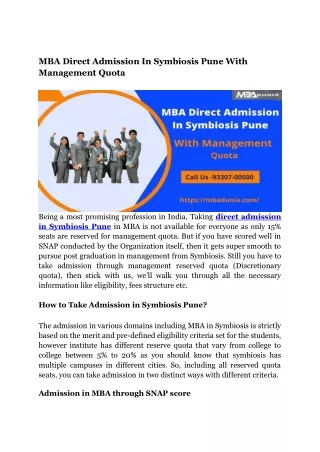 MBA Direct Admission in Symbiosis Pune with Management Quota