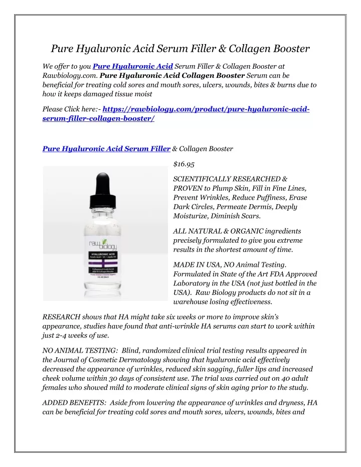 pure hyaluronic acid serum filler collagen booster