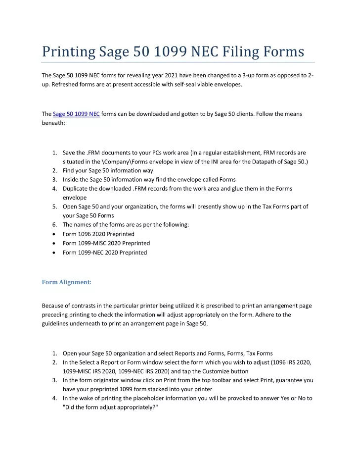 printing sage 50 1099 nec filing forms