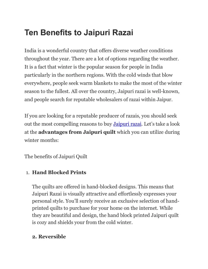PPT - Ten Benefits to Jaipuri Razai PowerPoint Presentation, free ...