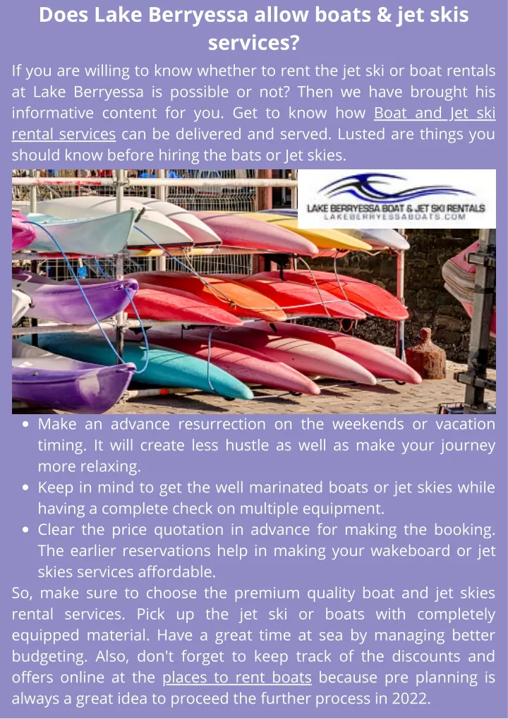 does lake berryessa allow boats jet skis services