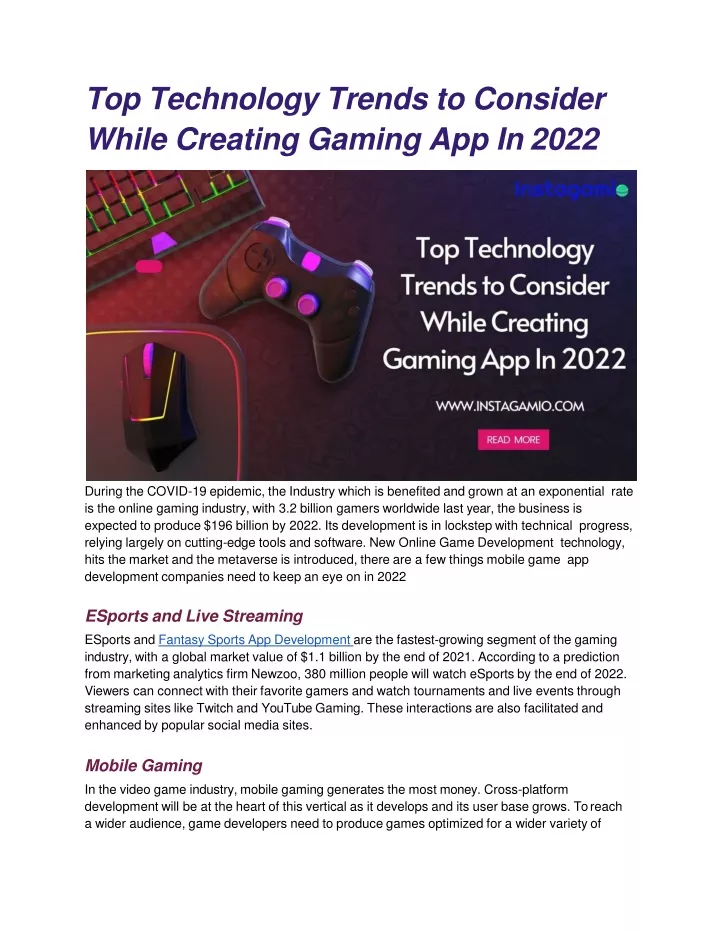 top technology trends to consider while creating gaming app in 2022