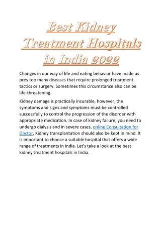 Best Kidney Treatment Hospitals in India 2022