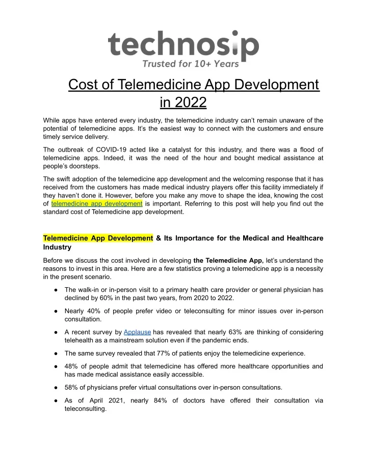 cost of telemedicine app development in 2022