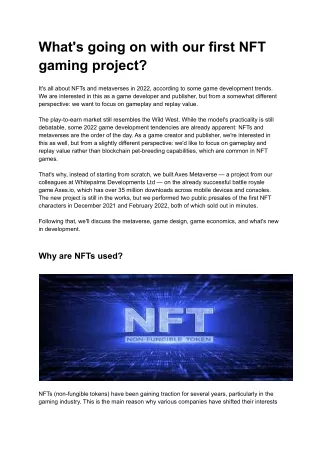 what s going on with our first nft gaming project