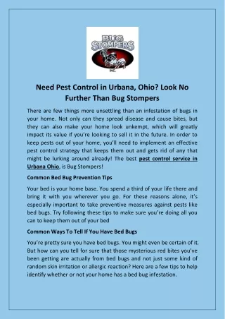 Need Pest Control in Urbana, Ohio Look No Further Than Bug Stompers