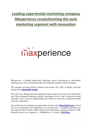 Leading experiential marketing company Maxperience revolutionizing the auto marketing segment with innovation