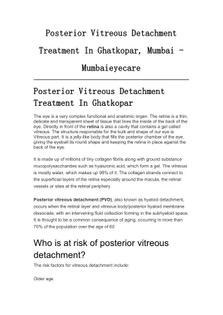 Posterior Vitreous Detachment Treatment In Ghatkopar - Mumbaieyecare