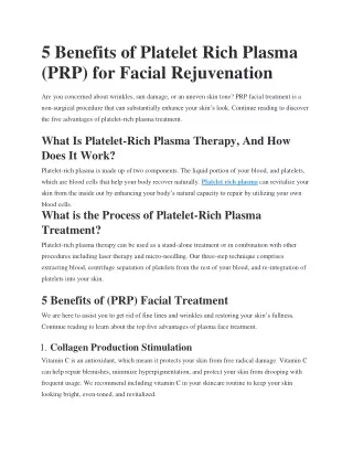 5 Benefits of Platelet Rich Plasma