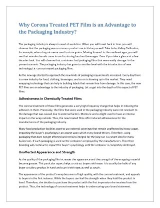 Why Corona Treated PET Film is an Advantage to the Packaging Industry