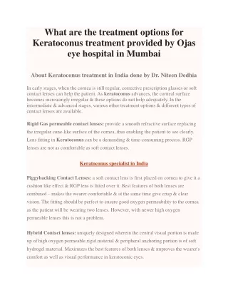 What are the treatment options for Keratoconus treatment provided by Ojas eye hospital in Mumbai