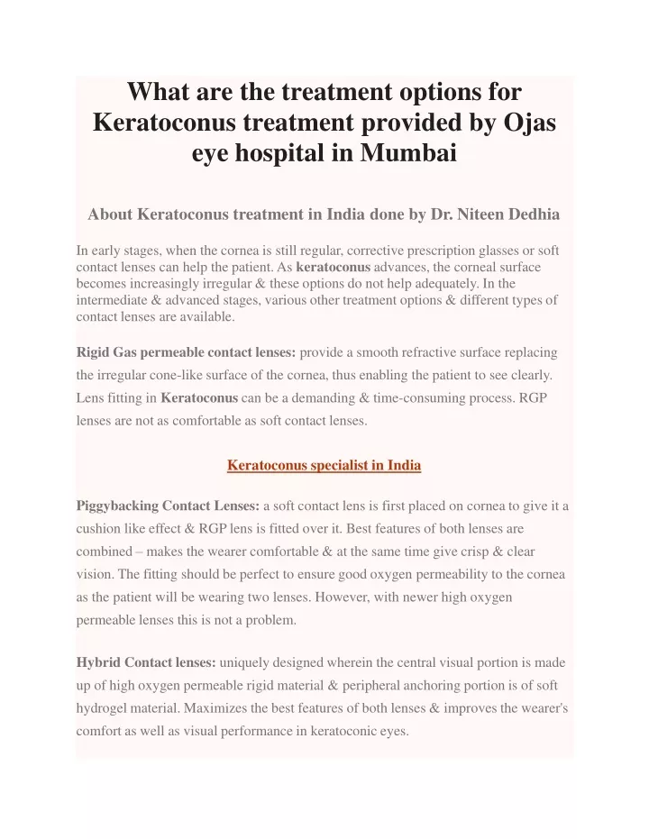 what are the treatment options for keratoconus treatment provided by ojas eye hospital in mumbai