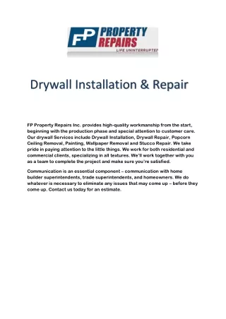 Drywall Installation & Repair by FP Property Repairs Inc