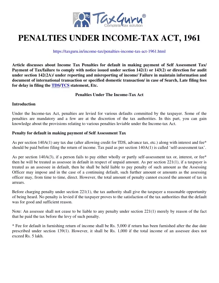 penalties under income tax act 1961