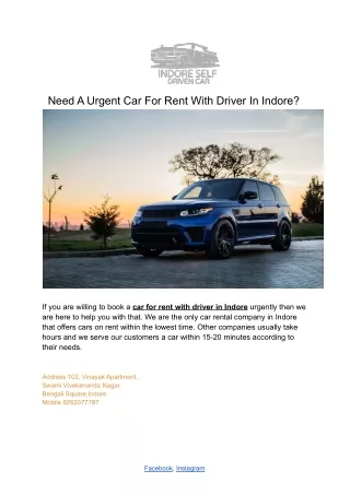 Need A Urgent Car For Rent With Driver In Indore