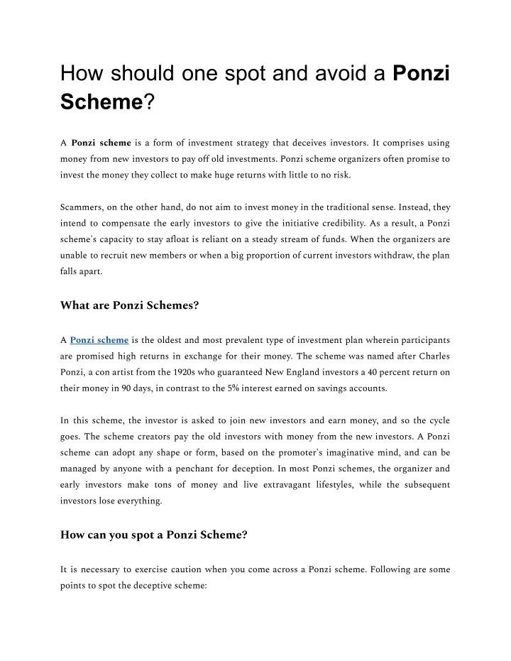 how should one spot and avoid a ponzi scheme