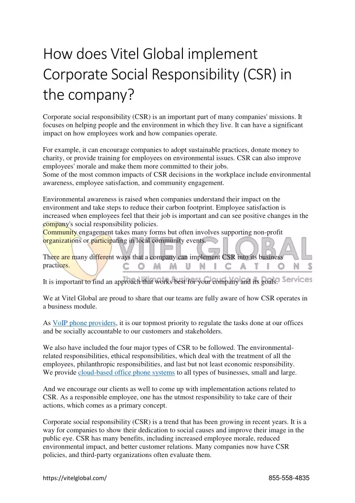 how does vitel global implement corporate social