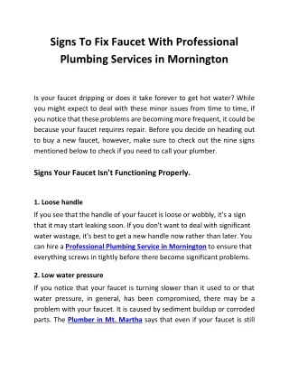 Signs To Fix Faucet With Professional Plumbing Services in Mornington