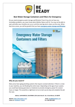 Water Storage Containers and Filters for Emergency