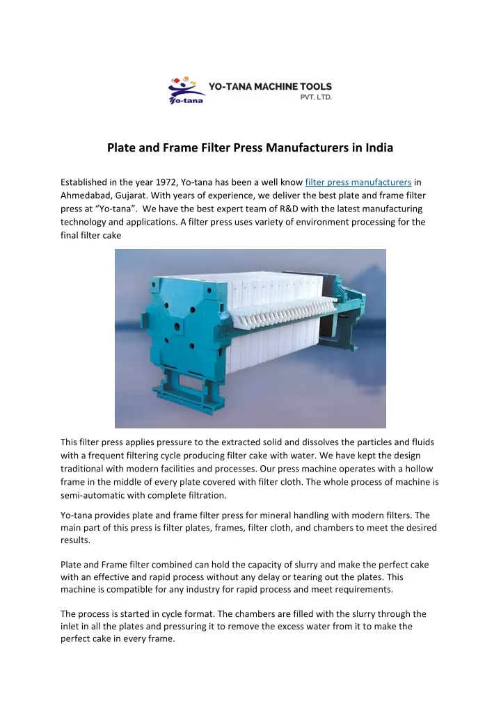 plate and frame filter press manufacturers