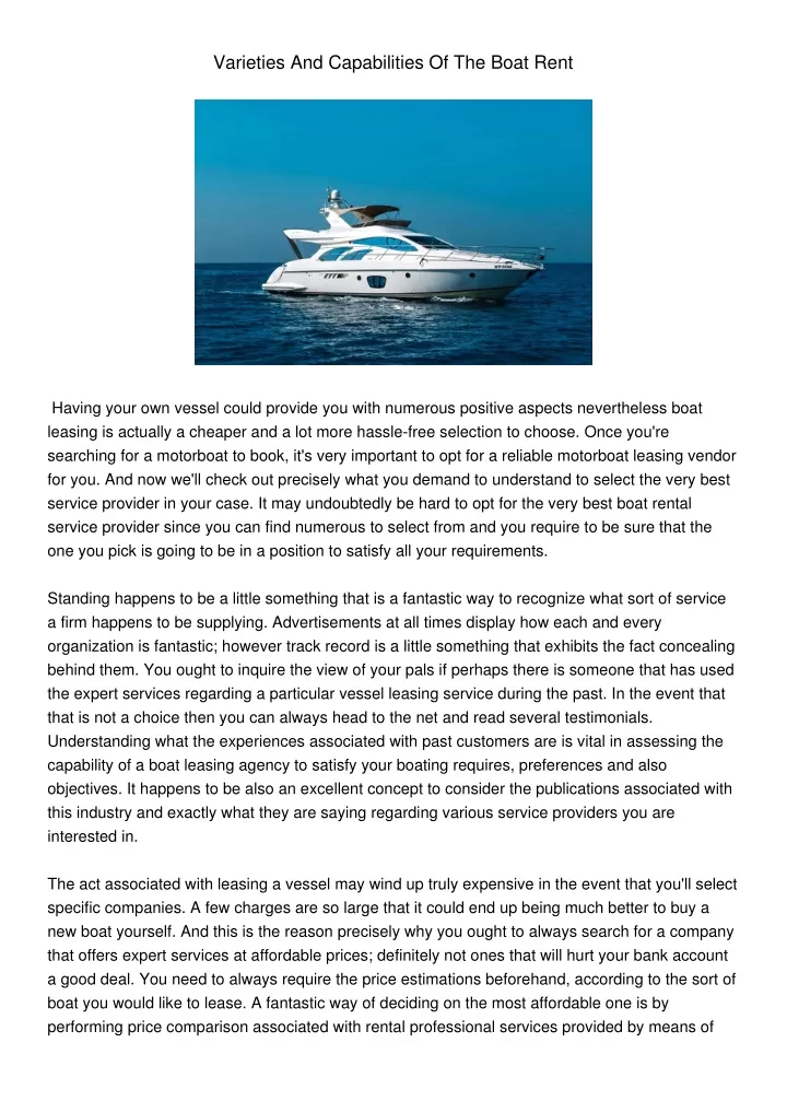 varieties and capabilities of the boat rent