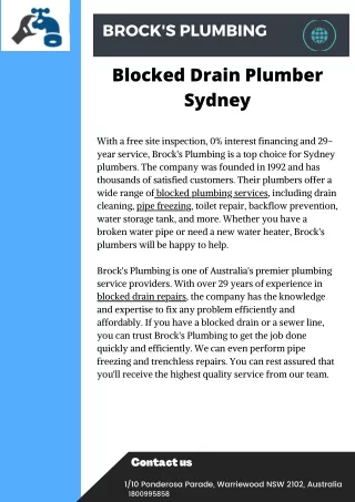 Blocked Drain Plumber Sydney services by Brock's plumbing
