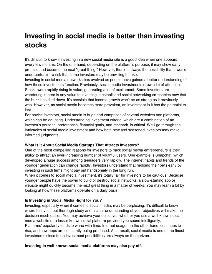 investing in social media is better than
