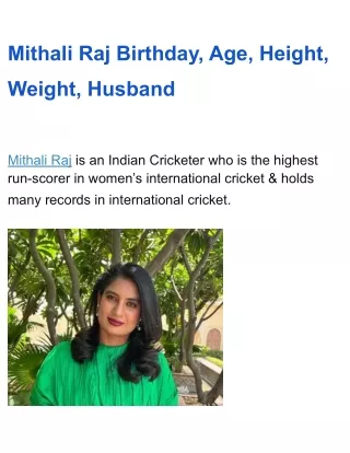 Mithali Raj Birthday, Age, Height, Weight, Husband