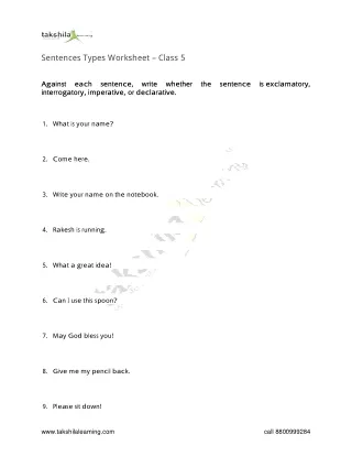 sentences types worksheet class 5