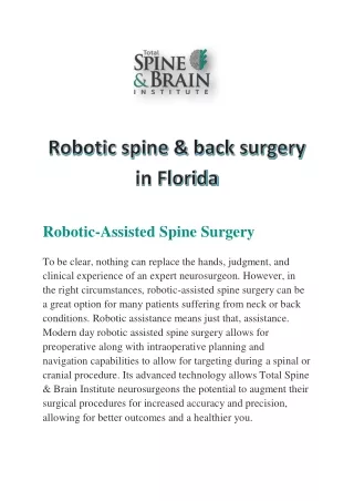 Robotic spine & back surgery in Florida at Total Spine And Brain Institute