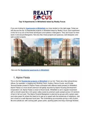 Top 10 Apartments in Whitefield listed by Realty Focus