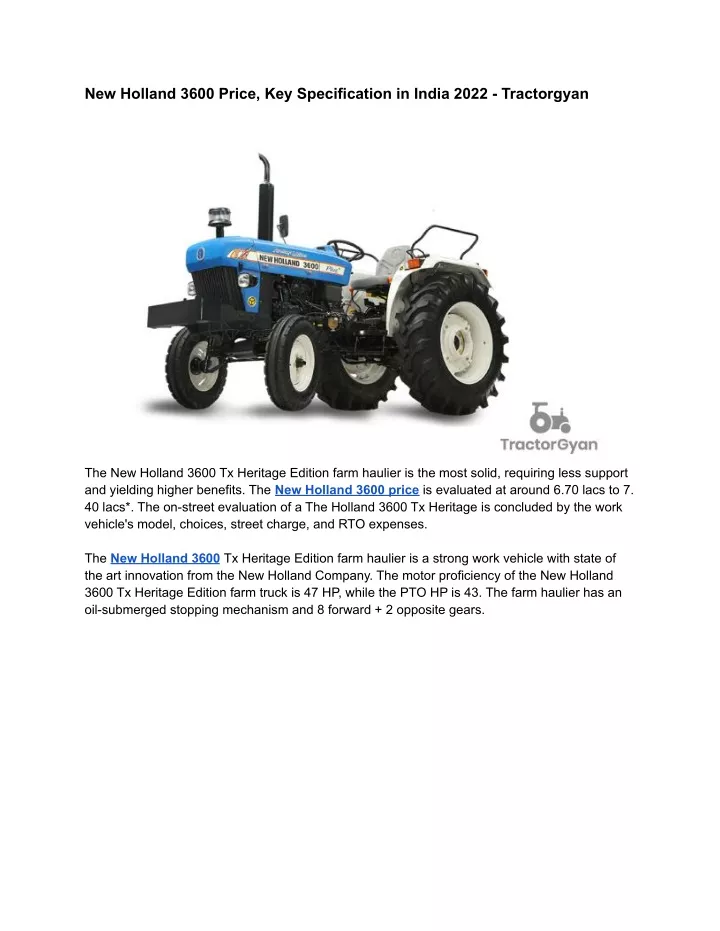 new holland 3600 price key specification in india