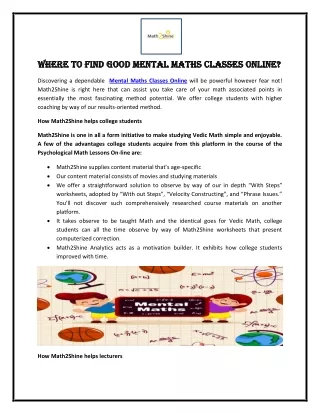 Where to find good Mental Maths Classes Online