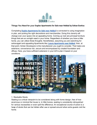 Things You Need for your 3.5 Duplex Flats for sale near Hebbal by Sohan Exotica