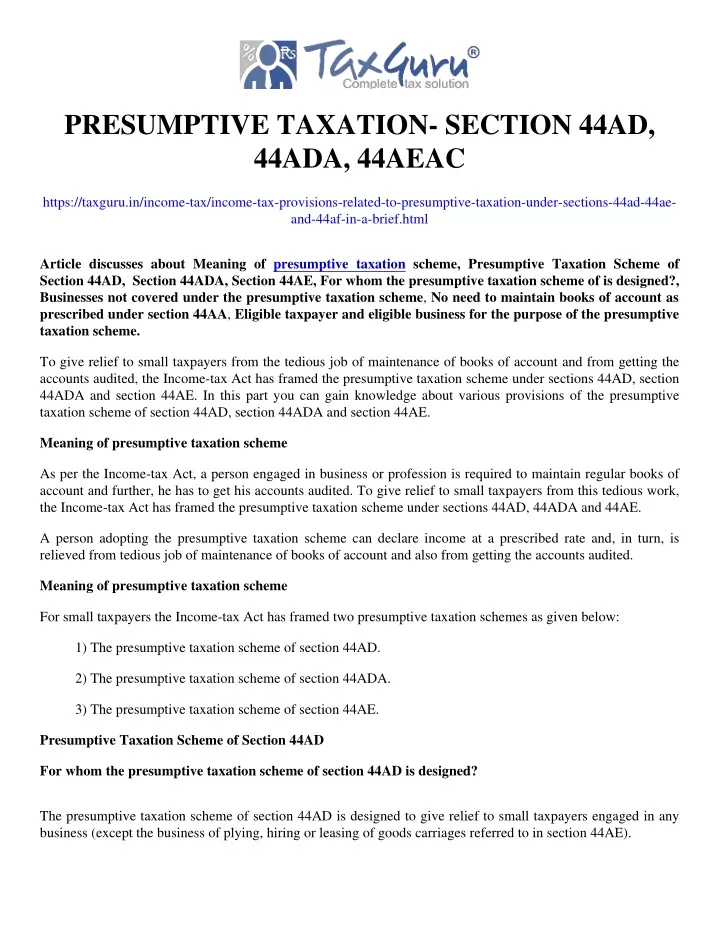 presumptive taxation section 44ad 44ada 44aeac